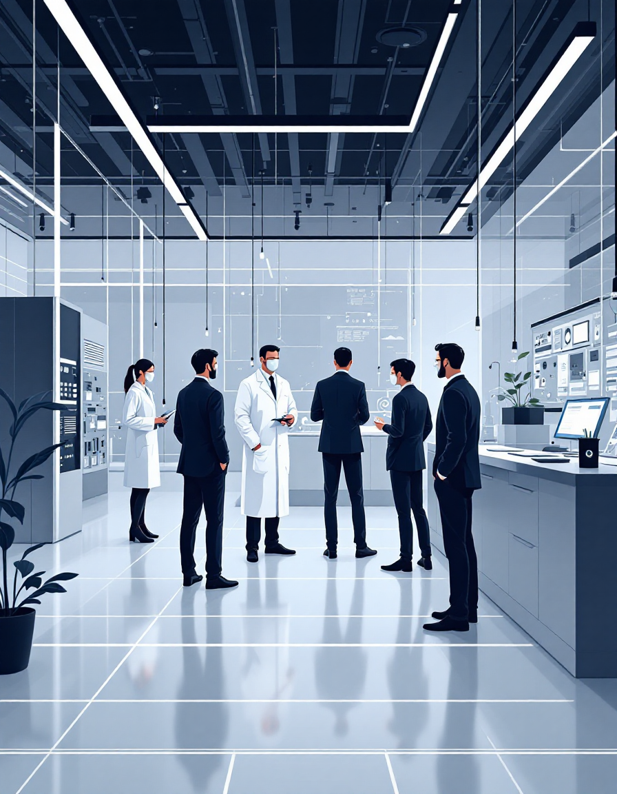Team discussing AI initiatives in a modern lab