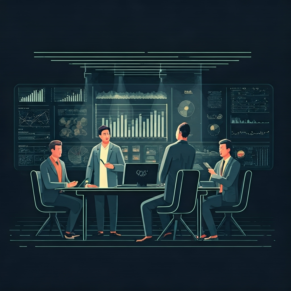 Expert team collaborating around analytics displays